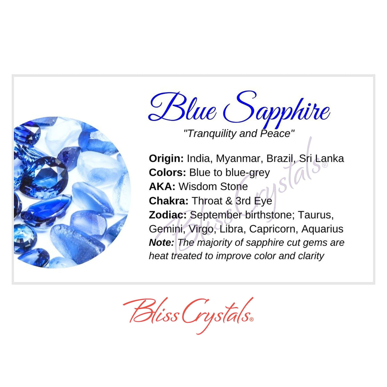 BLUE SAPPHIRE Crystal Information Card Double sided #HC175 -