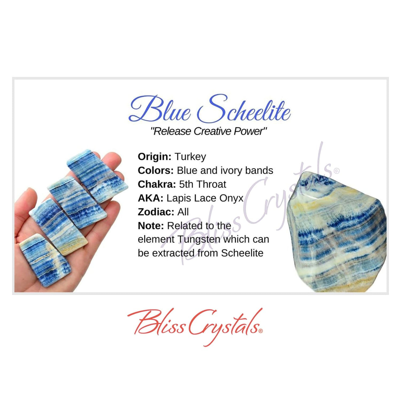 BLUE SCHEELITE Crystal Information Card Double sided #HC176 