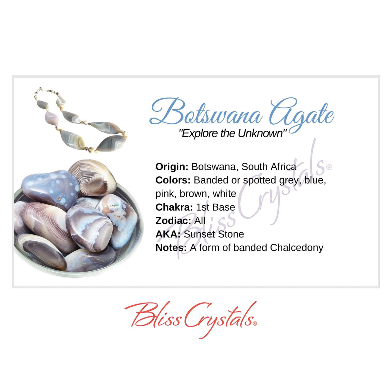BOTSWANA AGATE Crystal Information Card Double sided #HC144