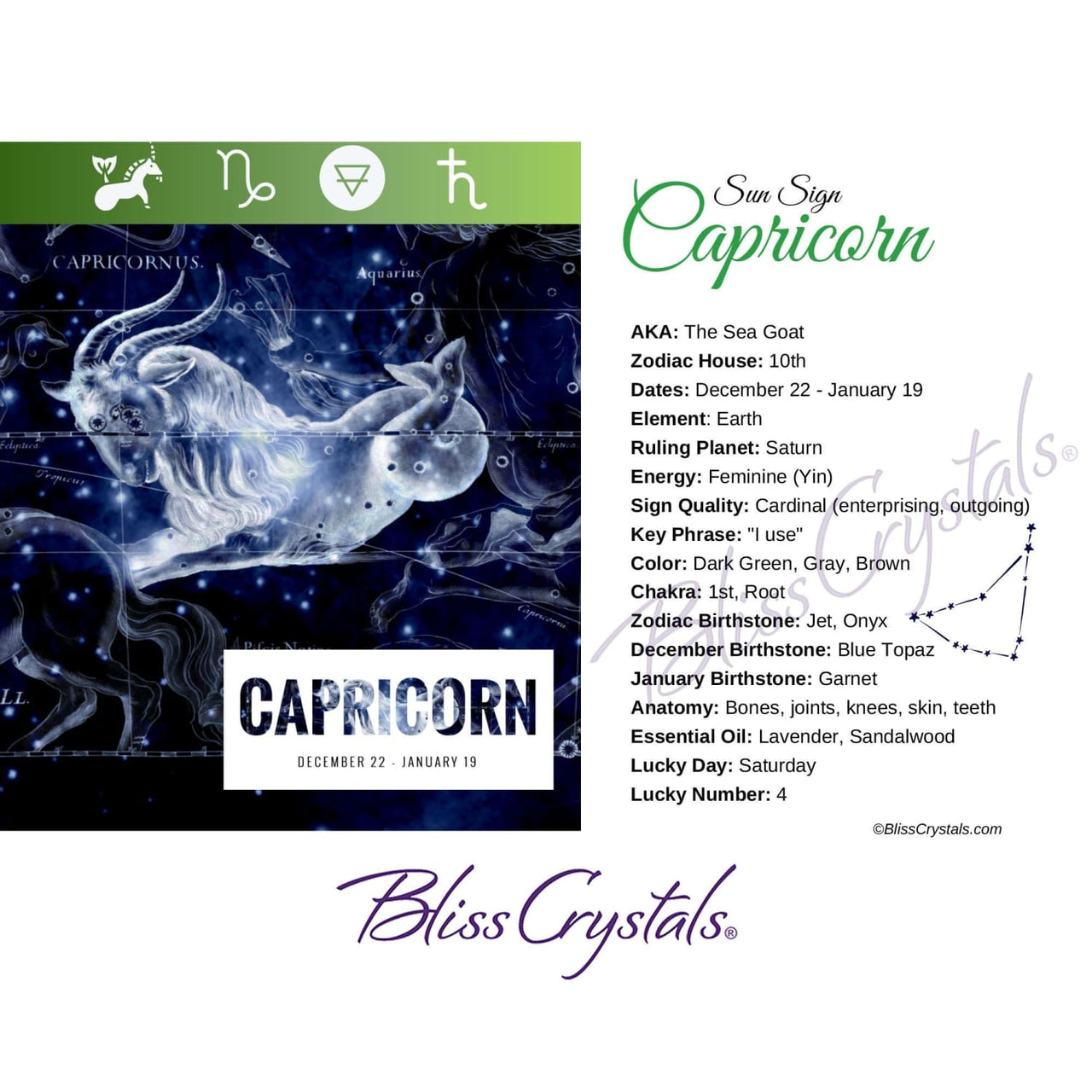 Capricorn Zodiac Birthday Card with Crystal Affinity & 
