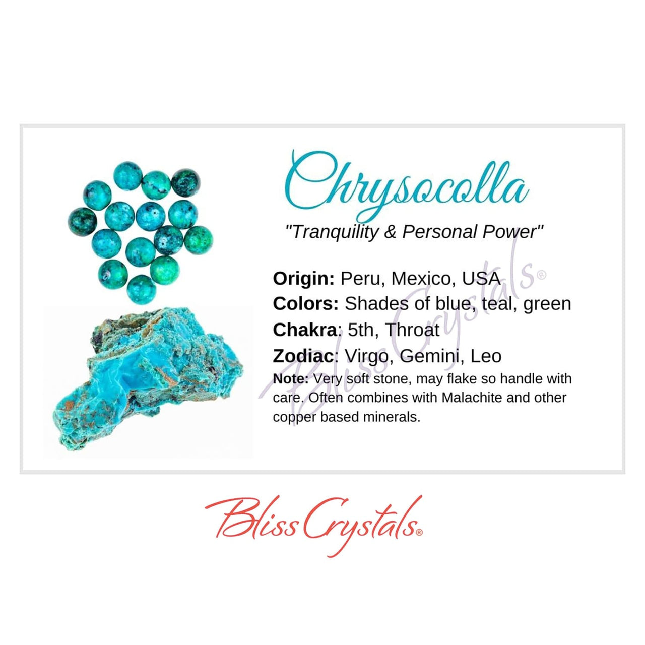CHRYSOCOLLA Crystal Information Card Double sided #HC18