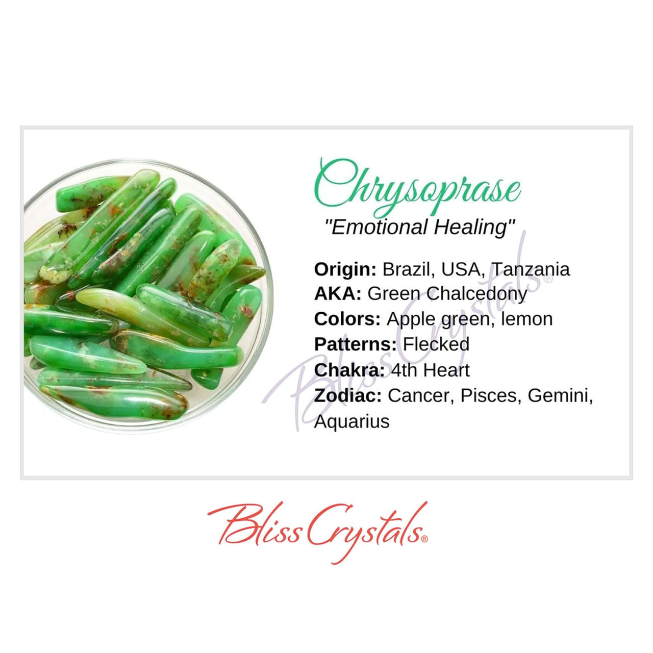 CHRYSOPRASE Crystal Information Card Double sided #HC53