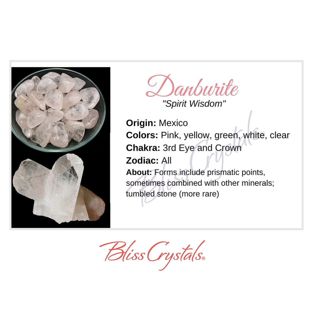 DANBURITE Crystal Information Card Double sided #HC119