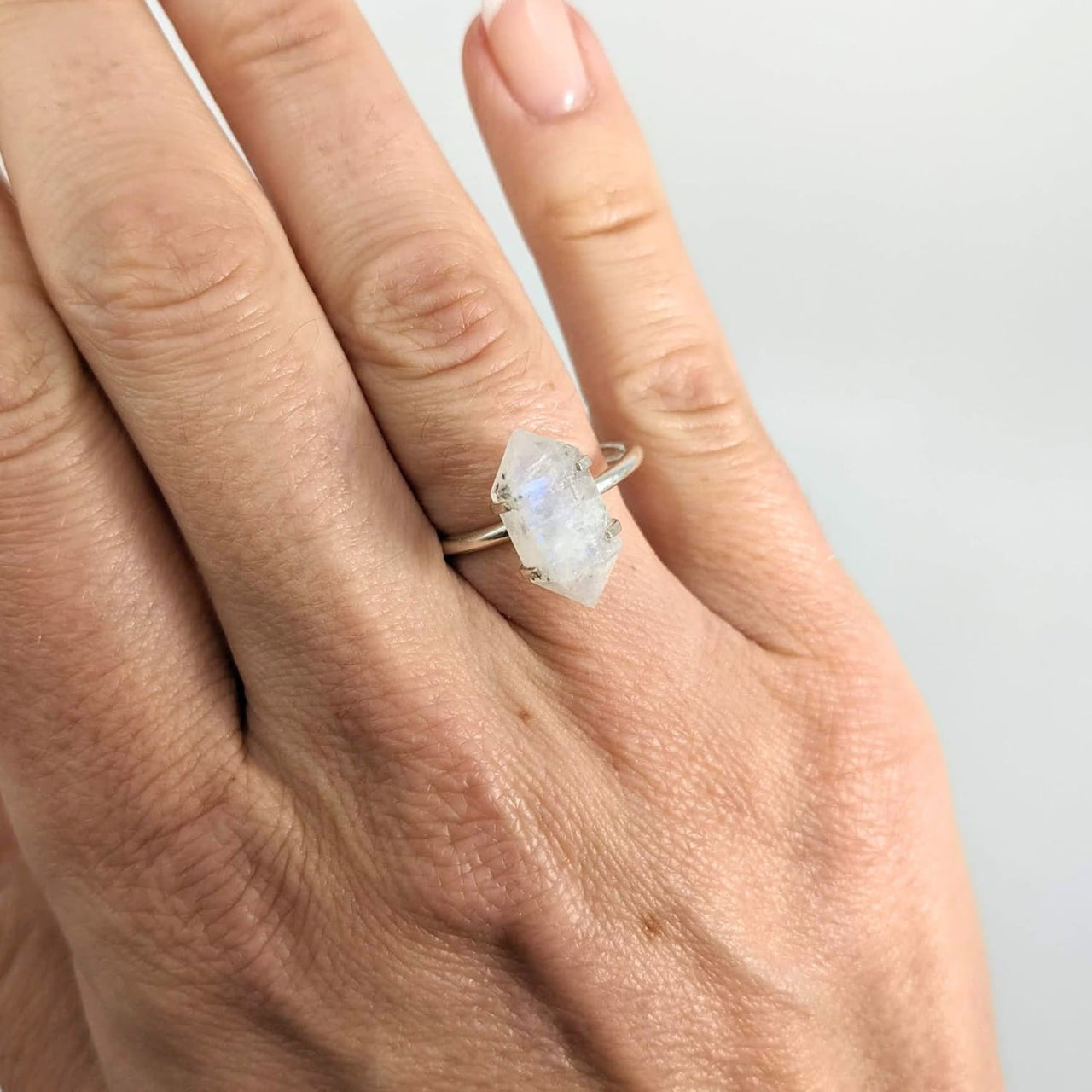 Double Point Rainbow Moonstone.925 SS Ring #SK6623 - $59