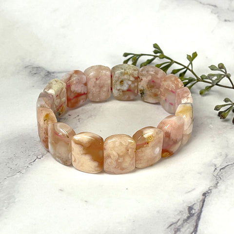 Flower Agate Flat Bead Bracelet #J696D - $35