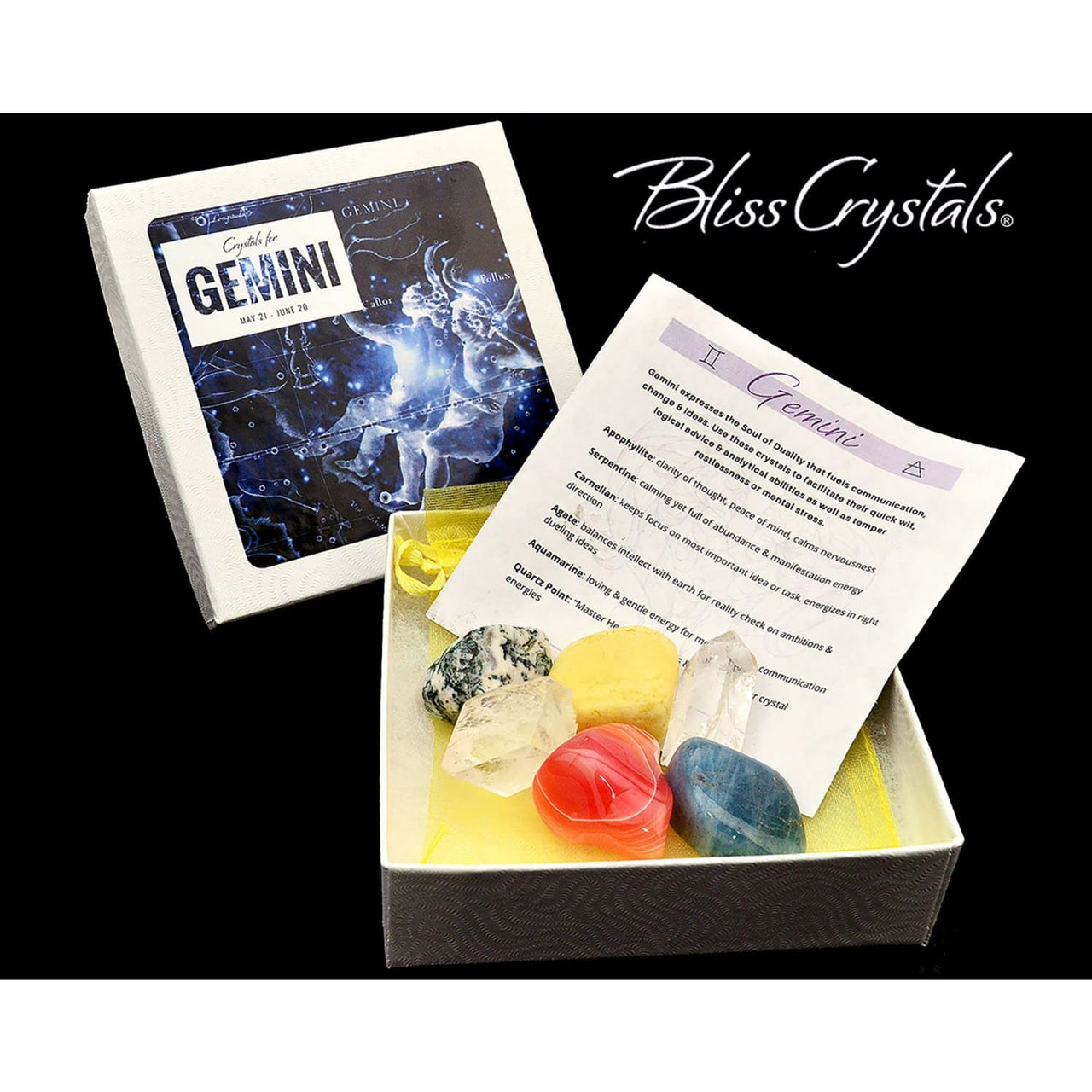 GEMINI Zodiac Set of 6 Crystals + Gift Box Bag & Info Card 