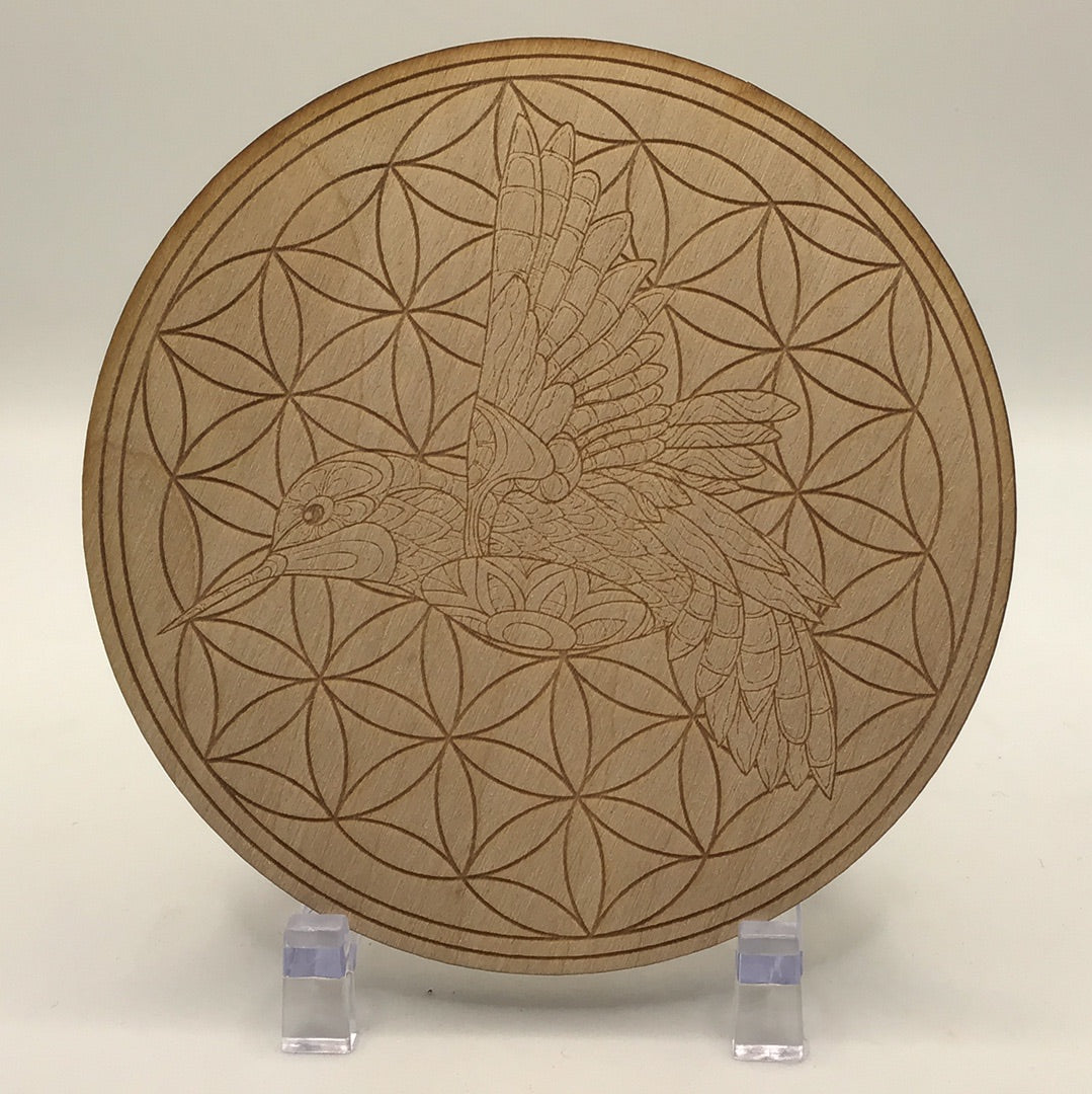 Hummingbird Flower Of Life Etched Wood Grid, You Pick Size #SK2216