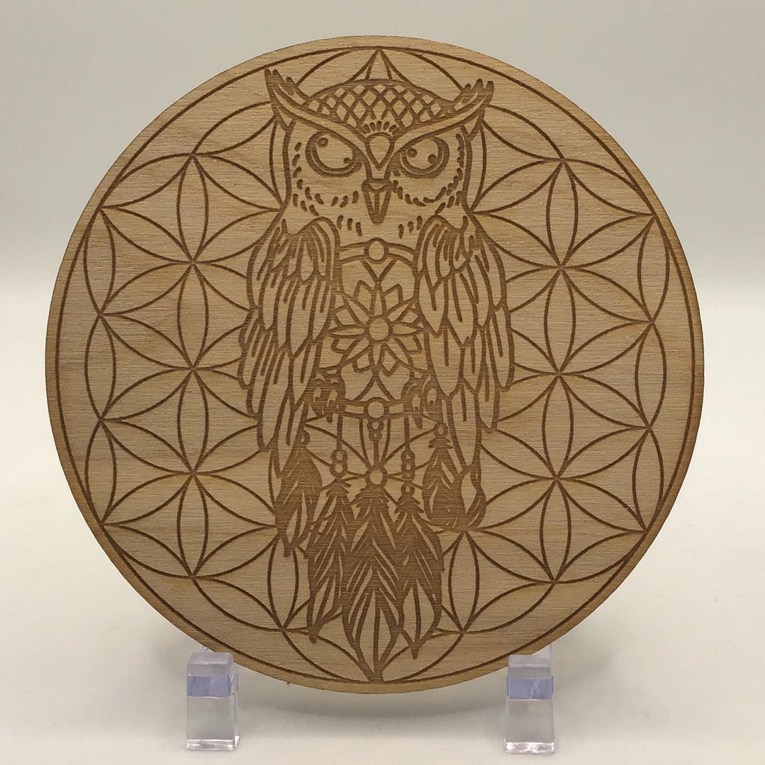 Owl Flower of Life Etched Wood Grid, You Pick Size #SK2214