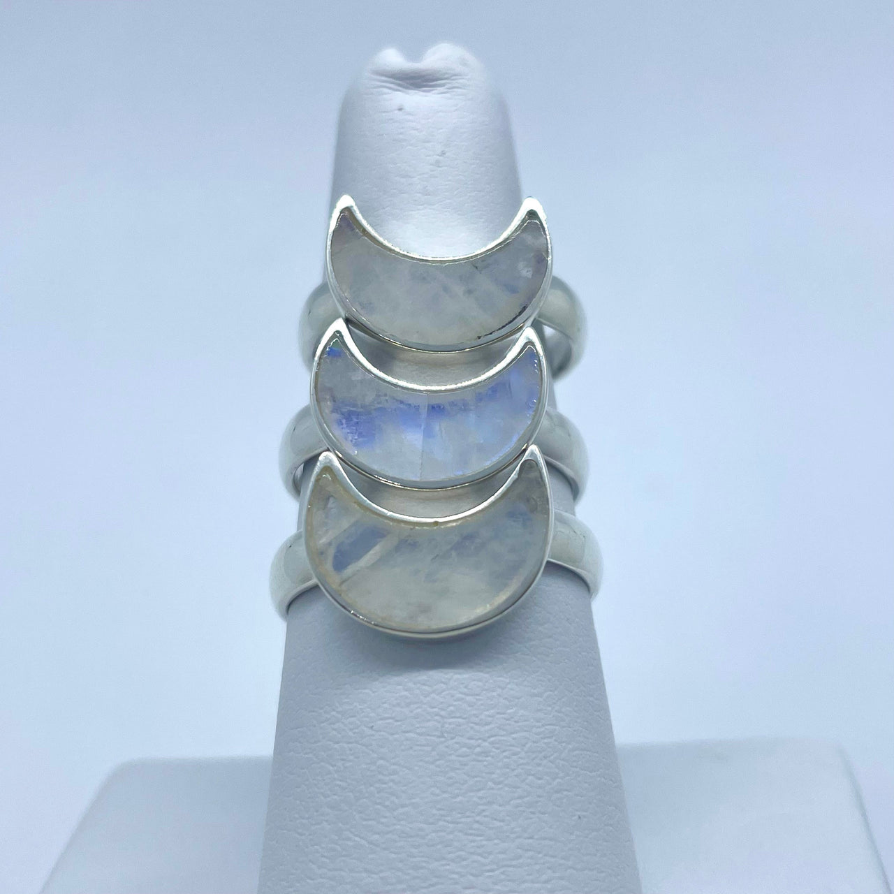 Rainbow Moonstone Crescent Moon Sterling Silver Ring #J678D