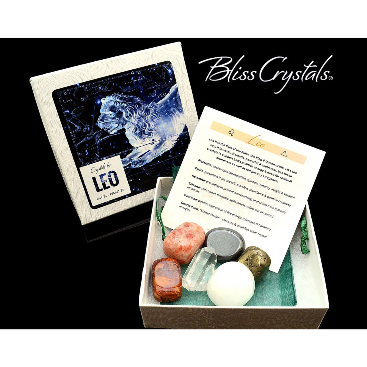 LEO Zodiac Set of 6 Crystals + Gift Box Bag & Info Card 