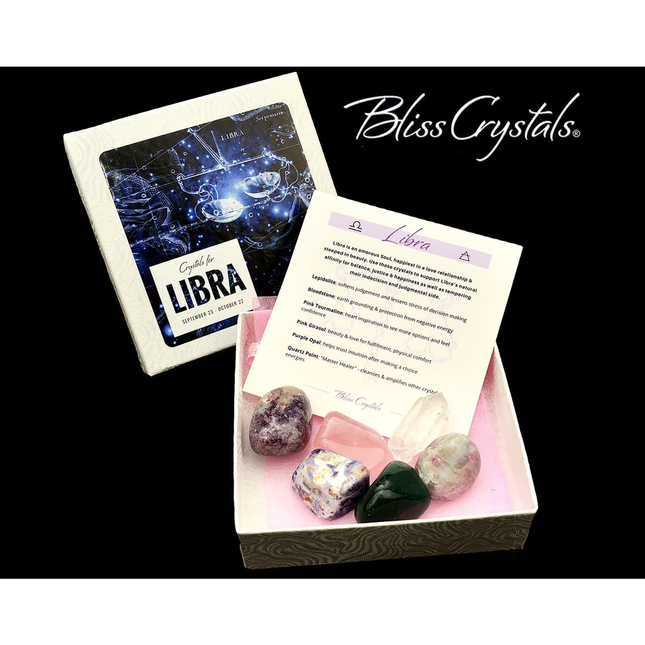 LIBRA Zodiac Set of 6 Crystals + Gift Box Bag & Info Card 