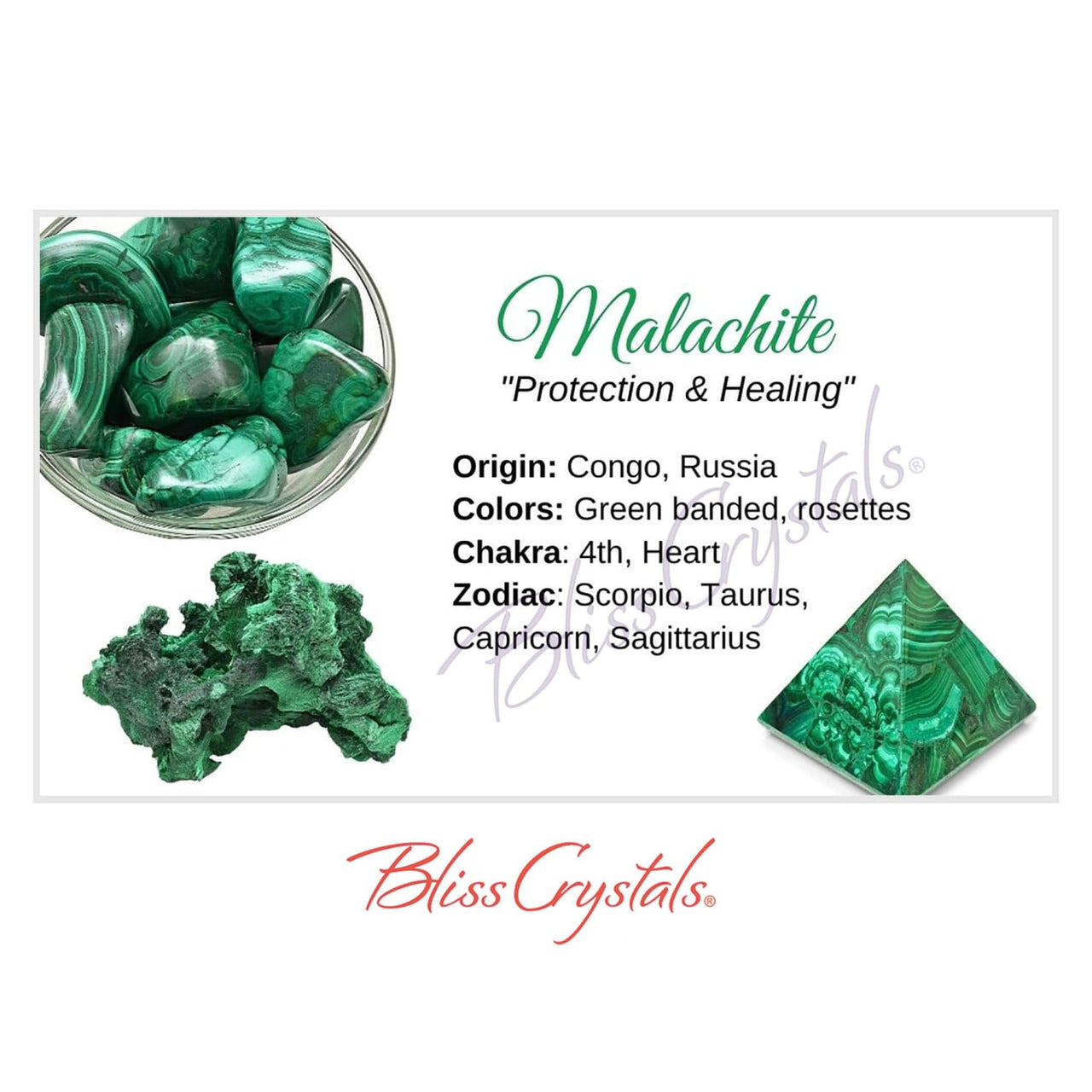 MALACHITE Crystal Information Card Double sided #HC30