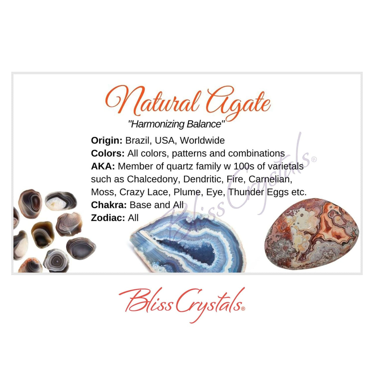 NATURAL AGATE Crystal Information Card Double sided #HC166 -