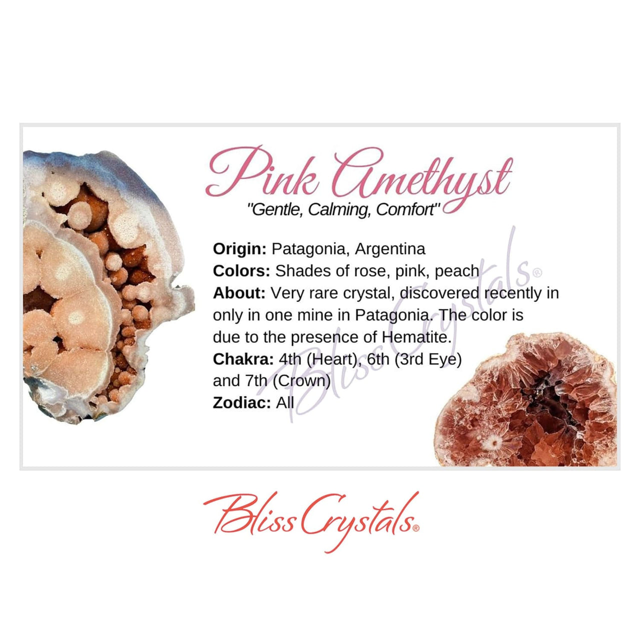 PINK AMETHYST Crystal Information Card Double sided #HC173 -