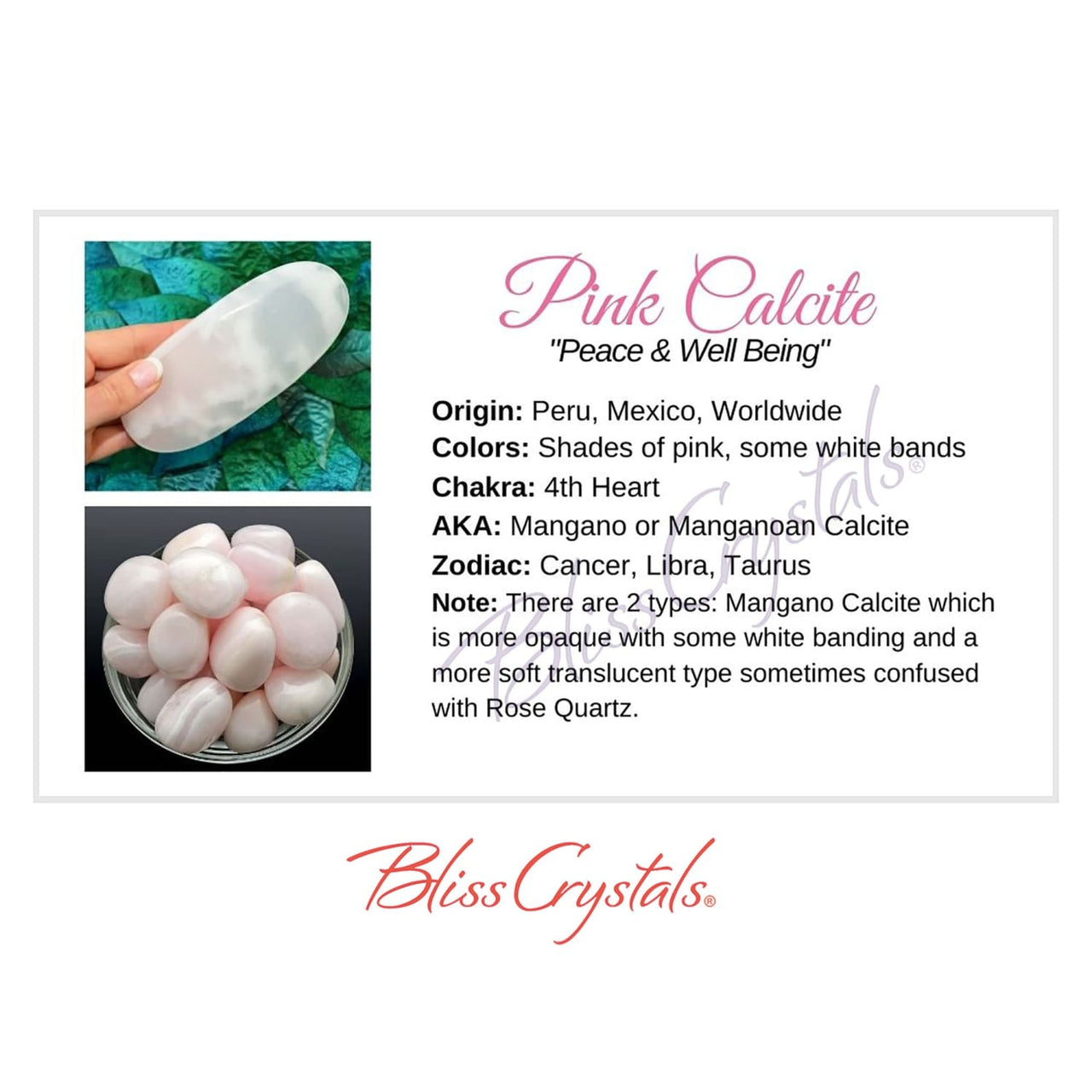 PINK CALCITE Crystal Information Card Double sided #HC139