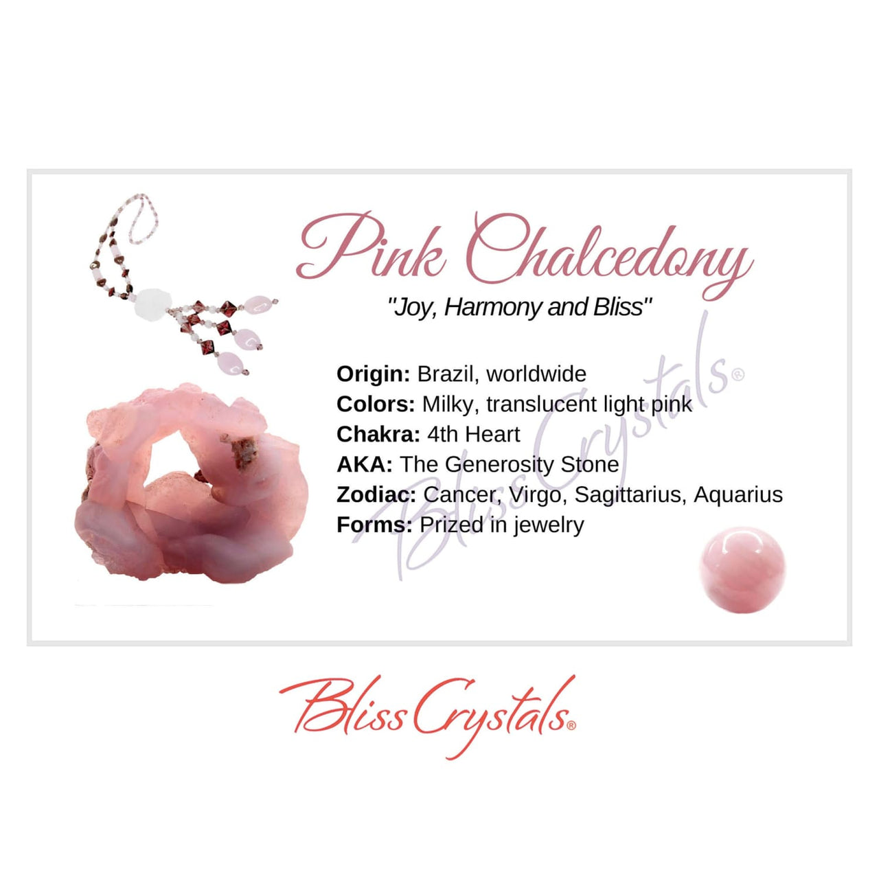 PINK CHALCEDONY Crystal Information Card Double sided #HC135