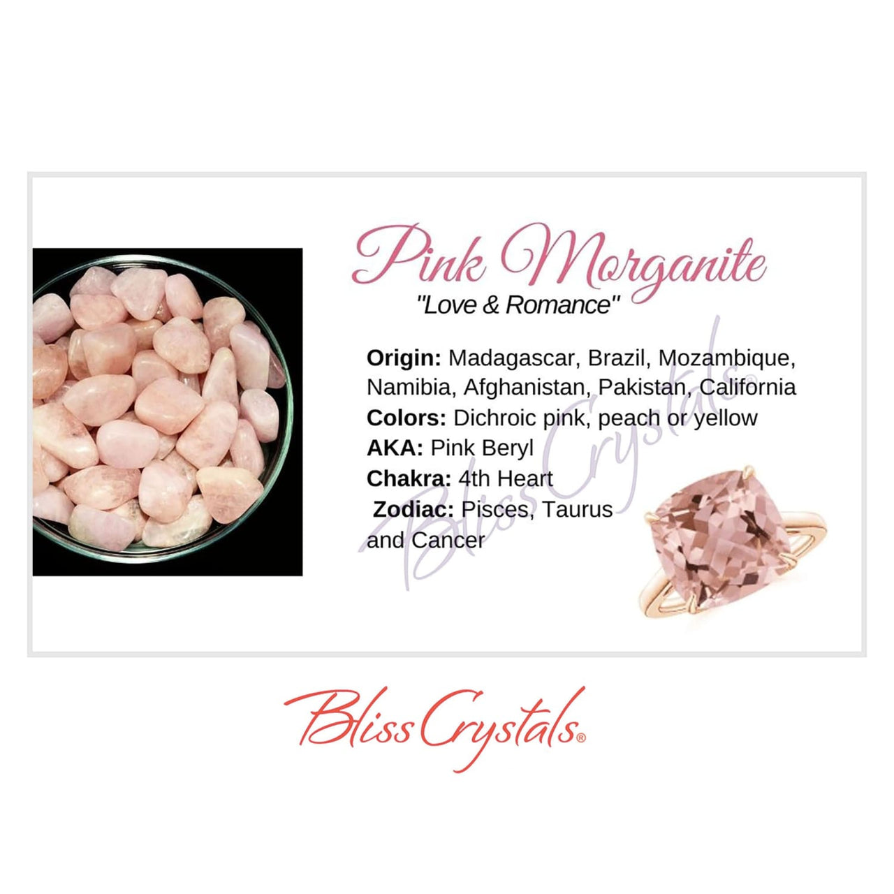 PINK MORGANITE Crystal Information Card Double sided #HC101