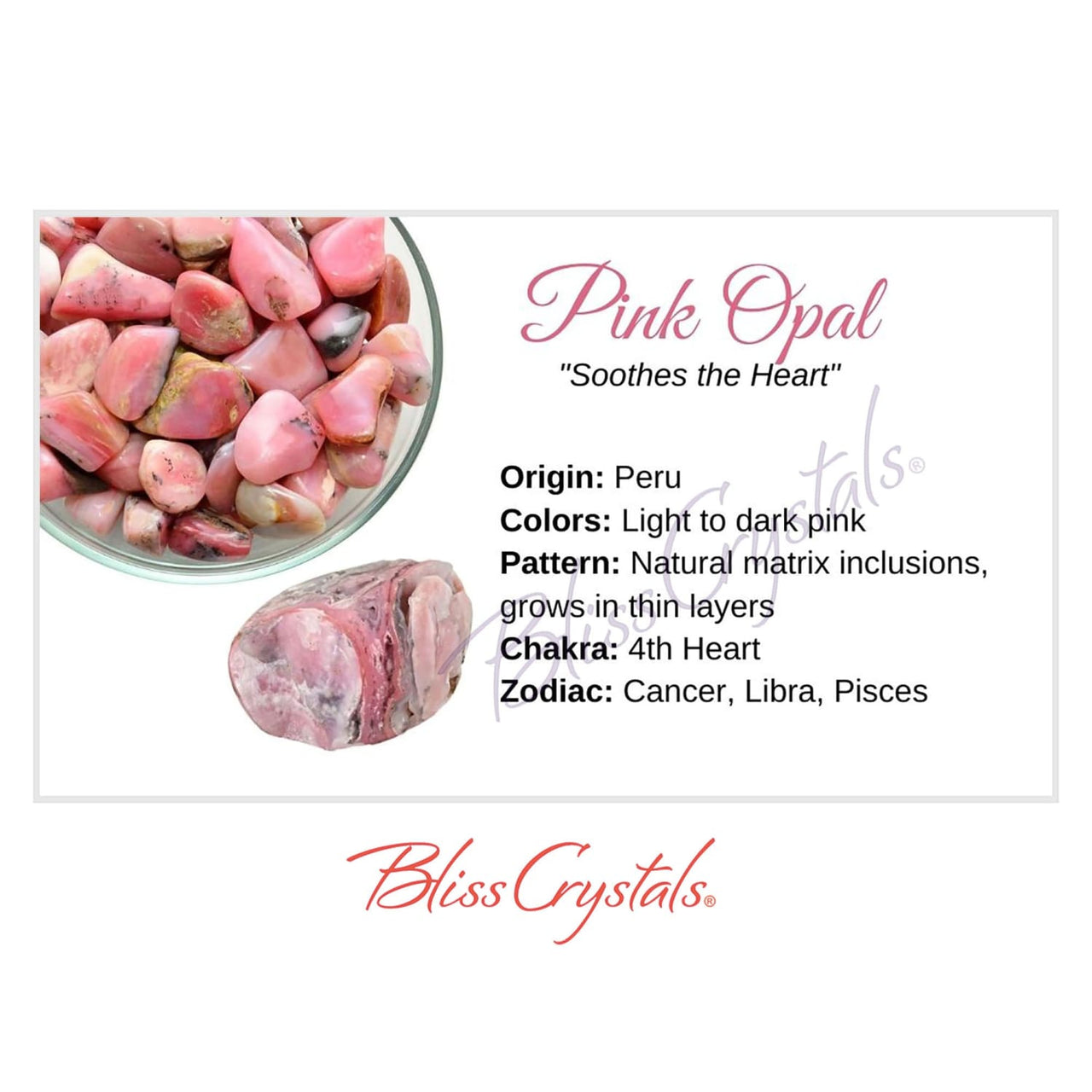 PINK OPAL Crystal Information Card Double sided #HC73