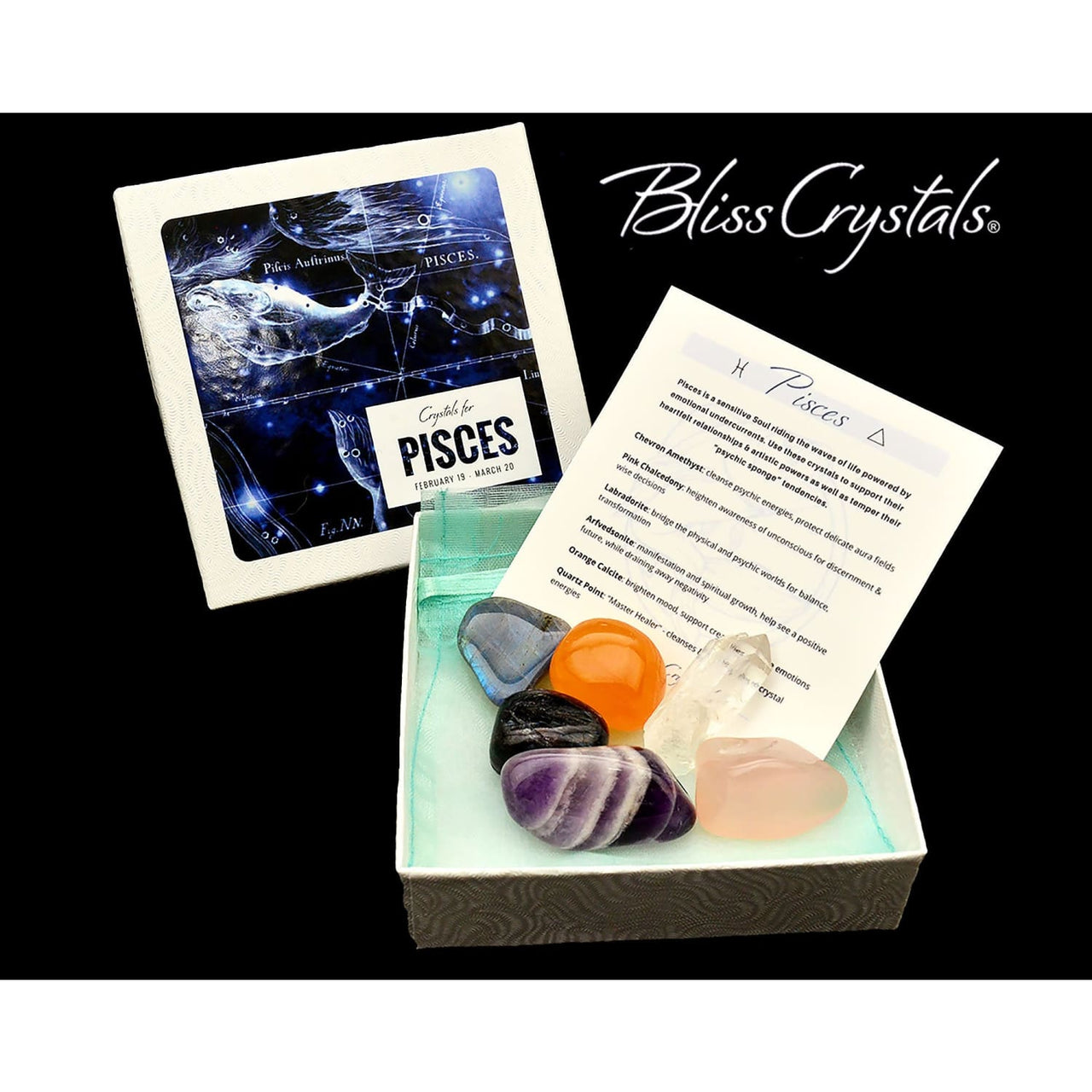 PISCES Zodiac Set of 6 Crystals + Gift Box Bag & Info Card 