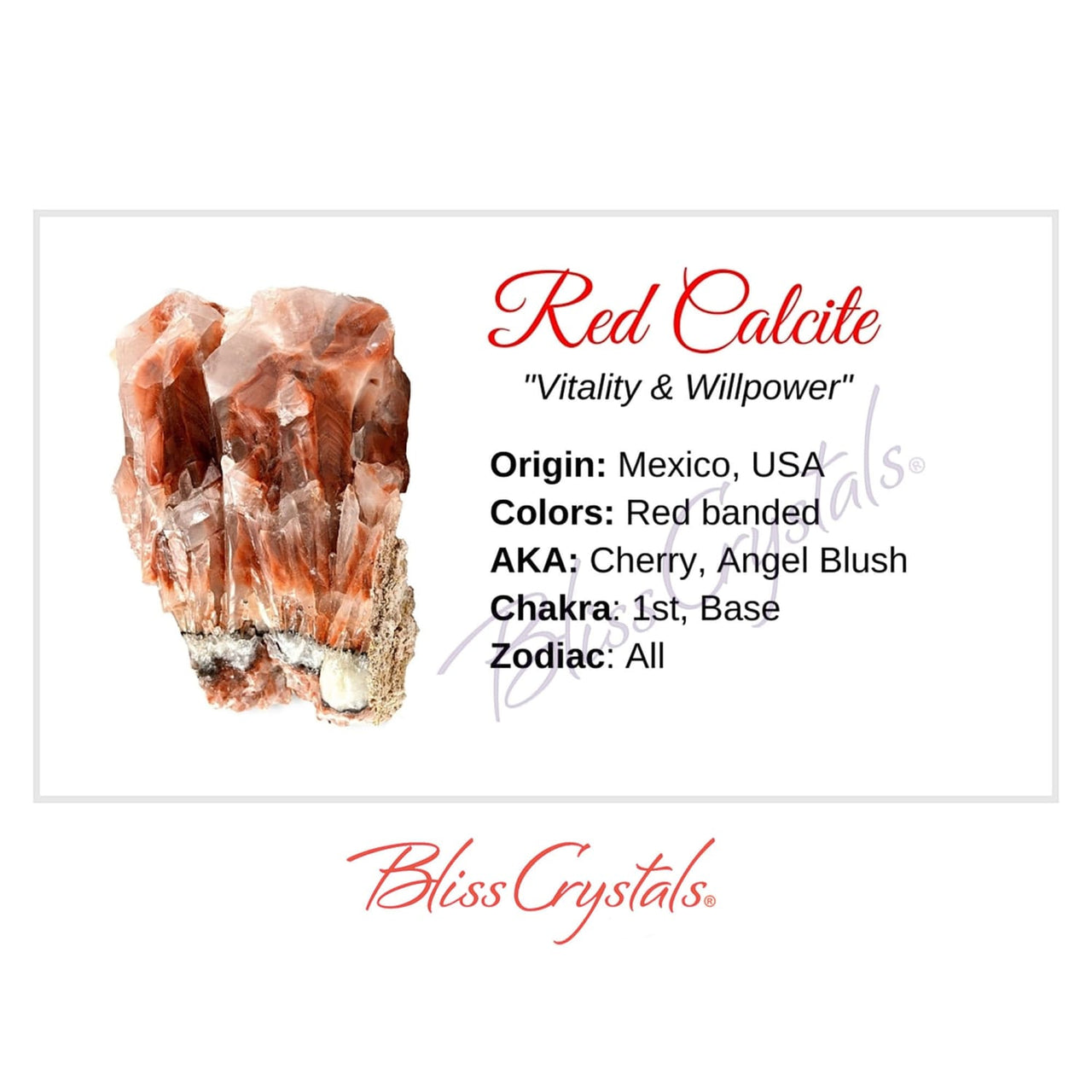 RED CALCITE Crystal Information Card Double sided #HC39