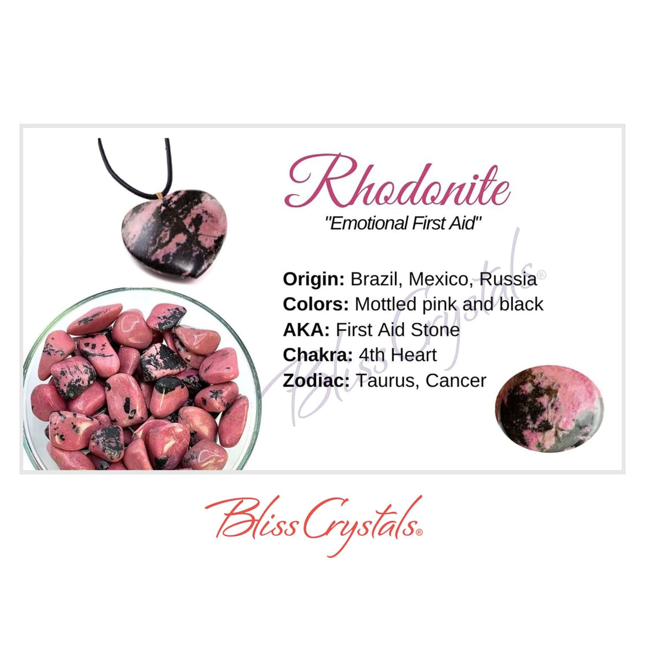 RHODONITE Crystal Information Card Double sided #HC95