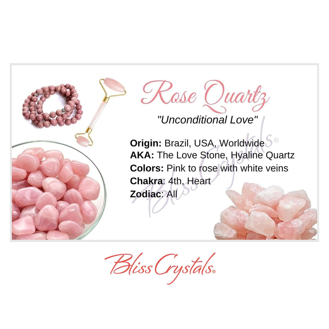 ROSE QUARTZ Crystal Information Card Double sided #HC38