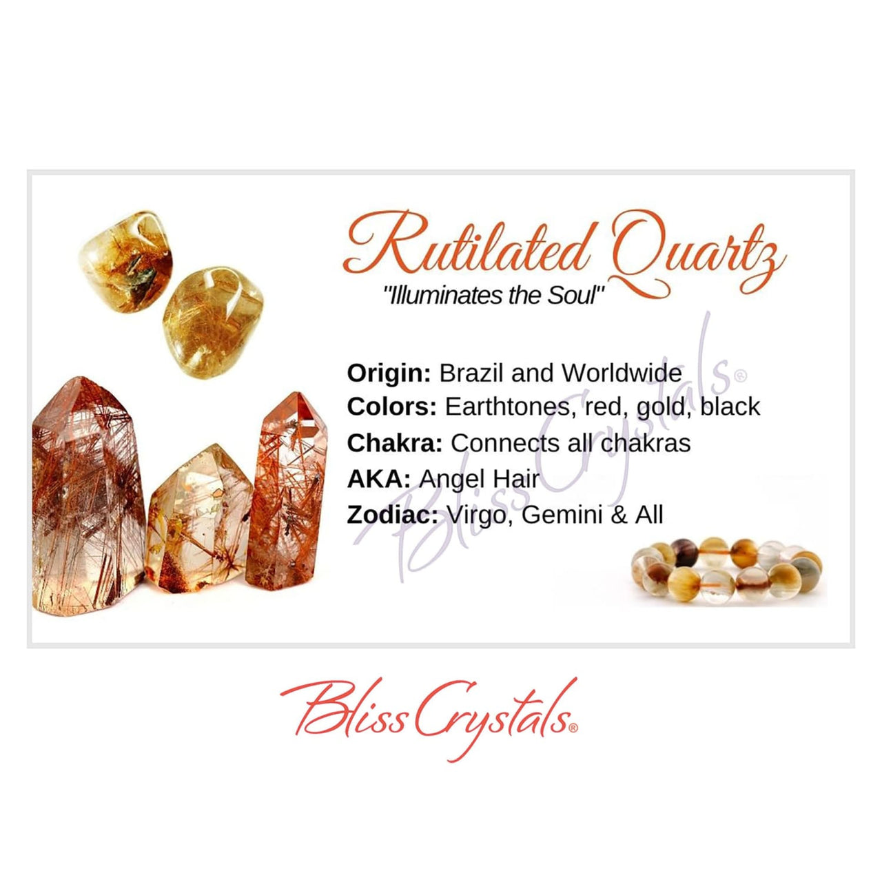 RUTILATED QUARTZ Crystal Information Card Double sided 