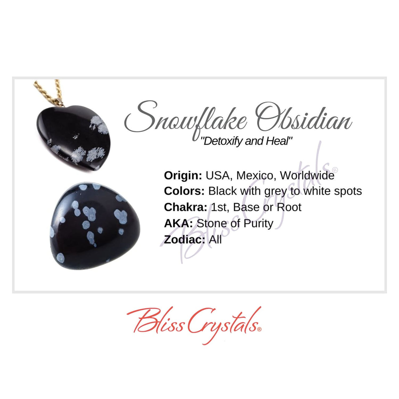 SNOWFLAKE OBSIDIAN Crystal Information Card Double sided 