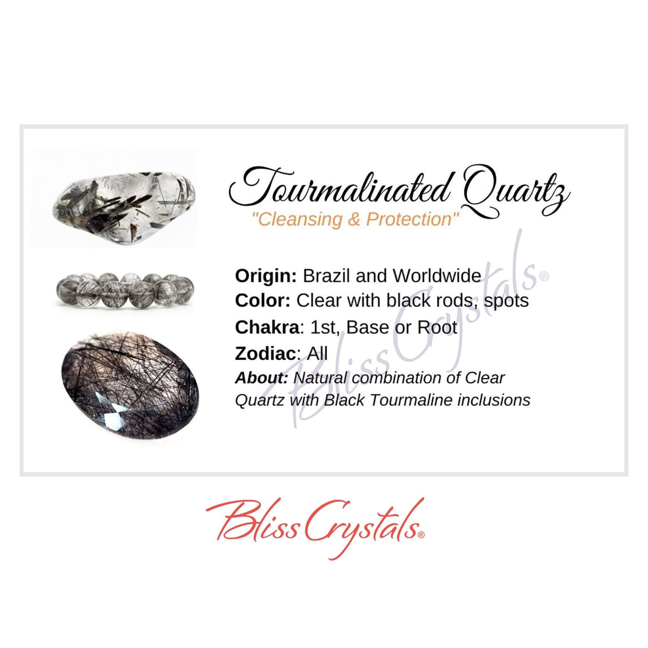 TOURMALINATED QUARTZ Crystal Information Card Double sided 