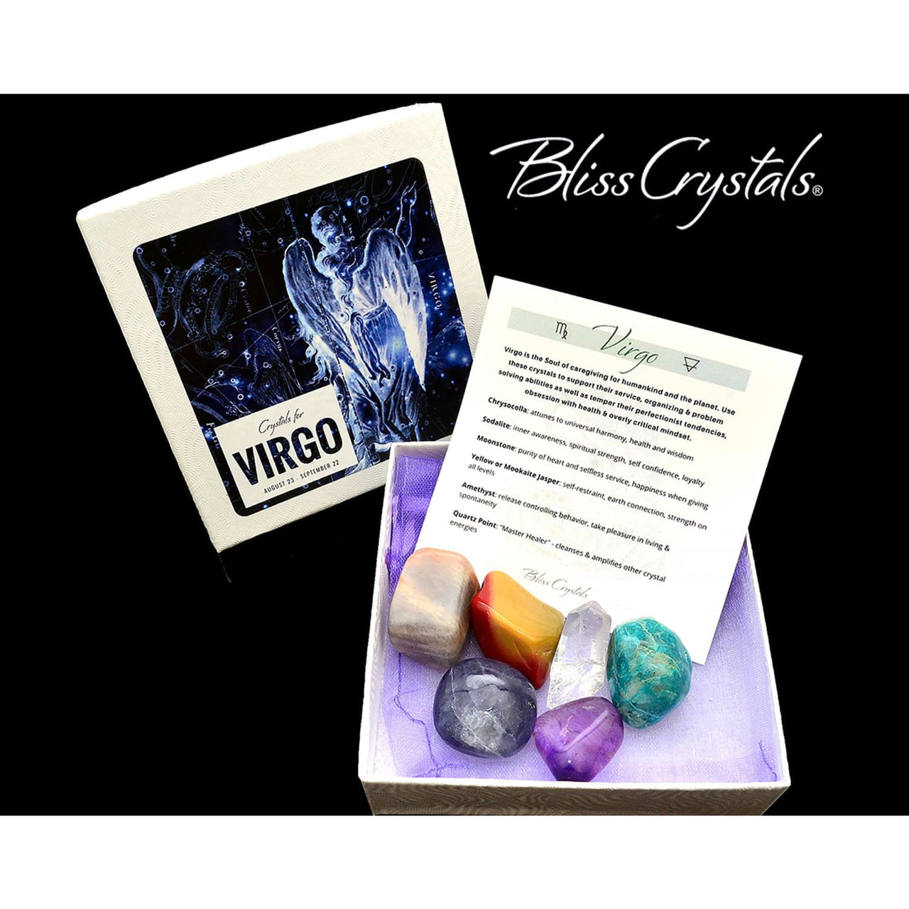 VIRGO Zodiac Set of 6 Crystals + Gift Box Bag & Info Card 