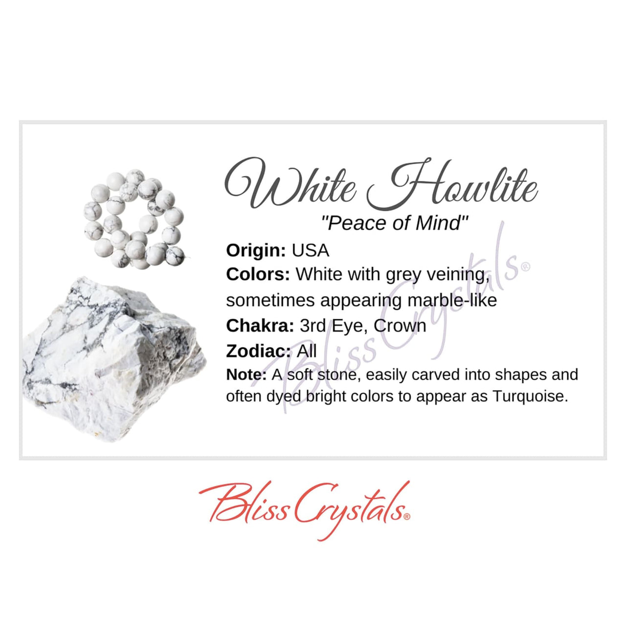 WHITE HOWLITE Crystal Information Card Double sided #HC155