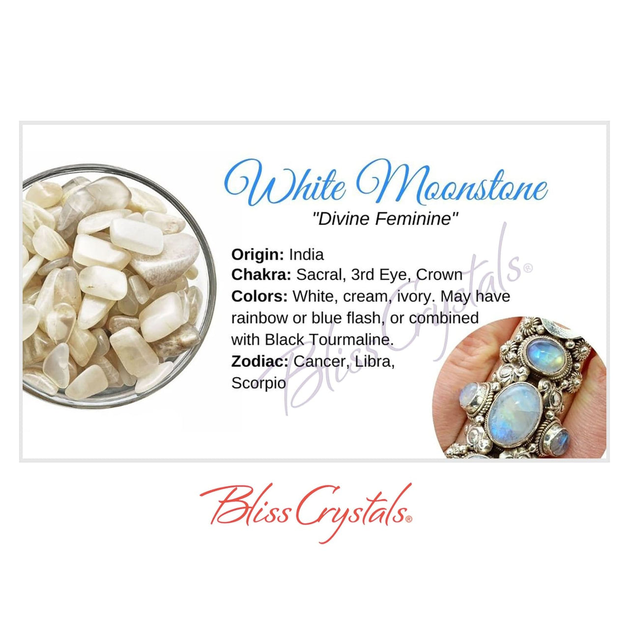 WHITE MOONSTONE Crystal Information Card Double sided #HC130