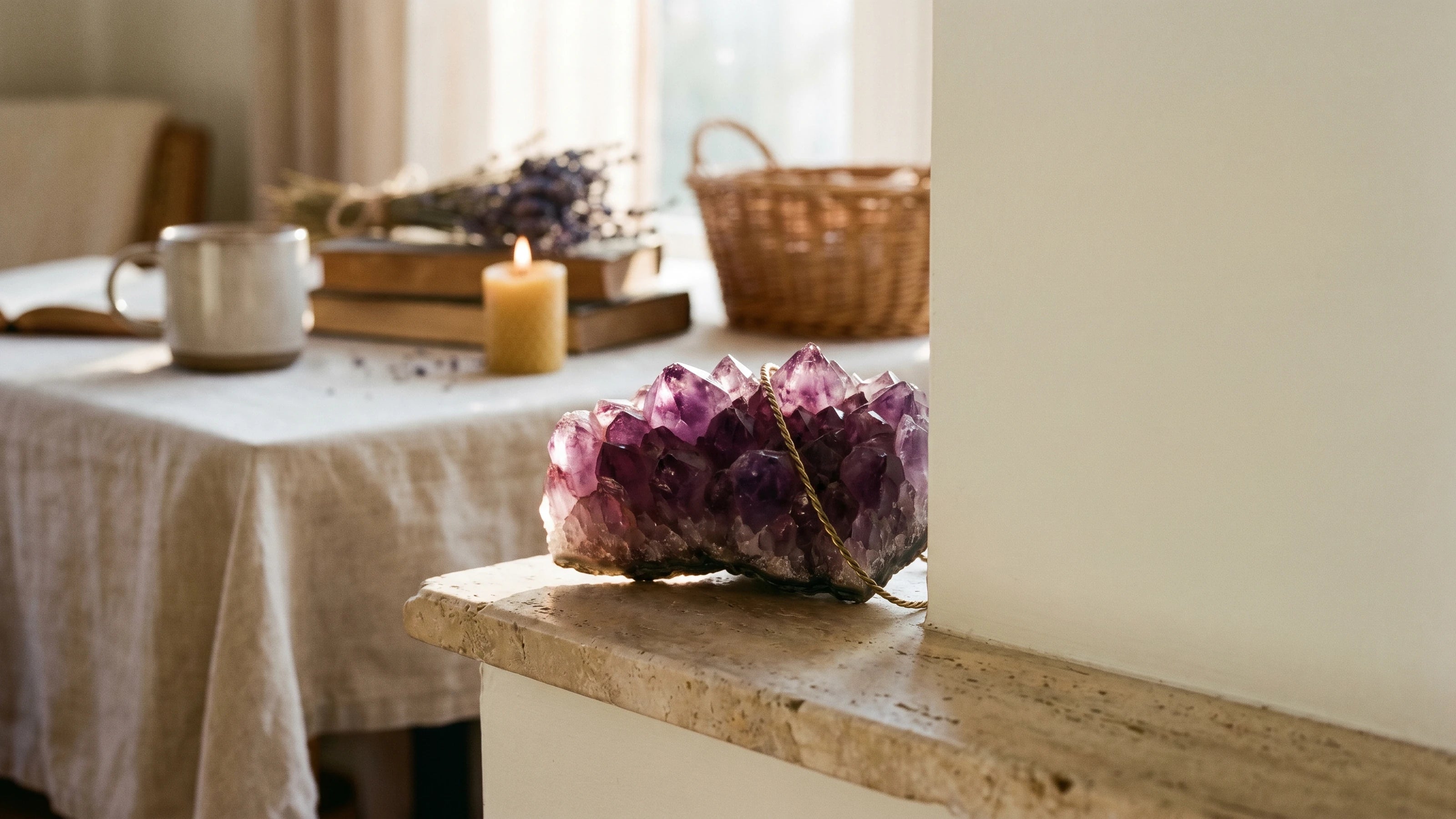 A premium amethyst cluster styled in warm luxury studio light.