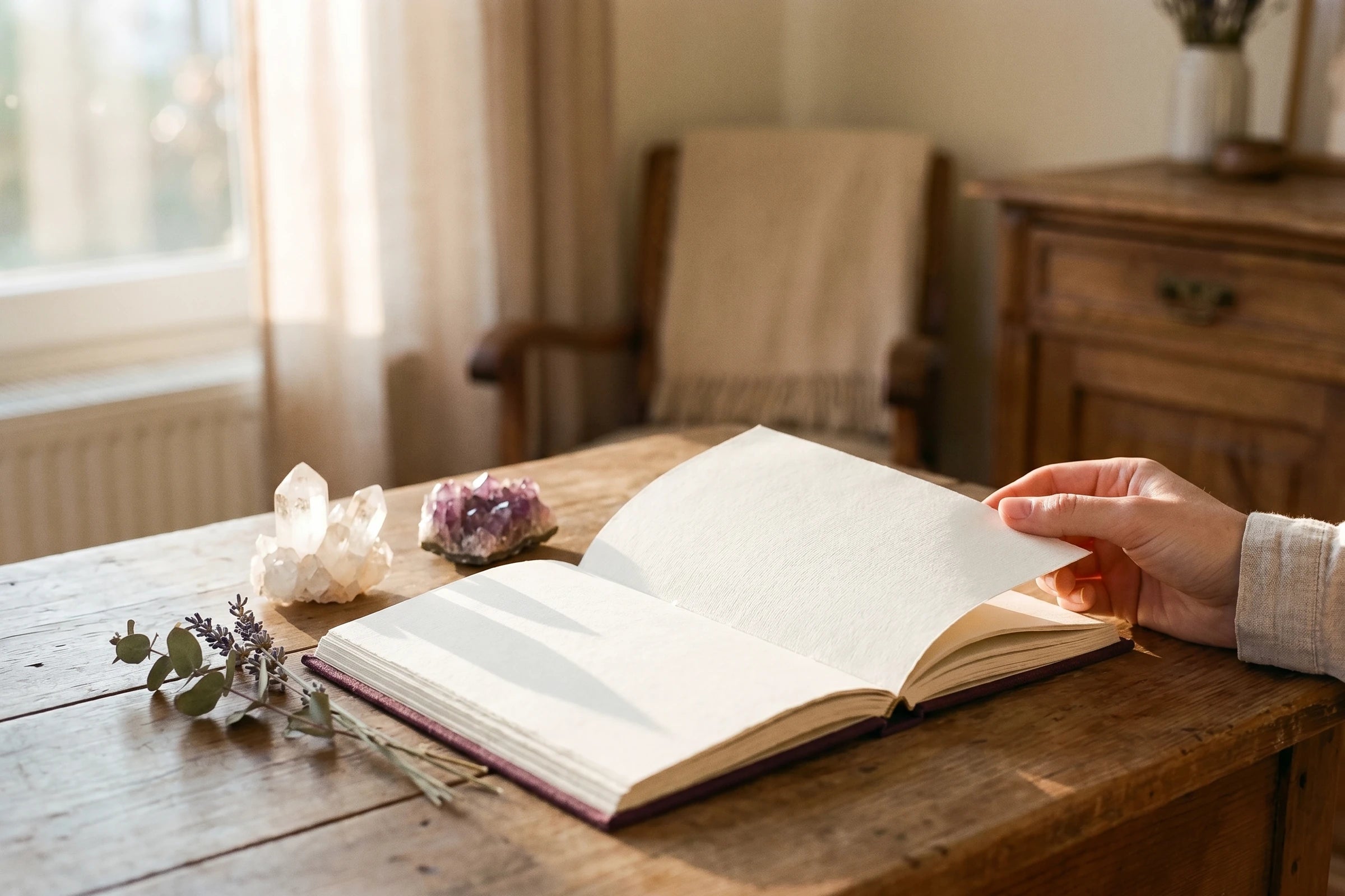 An open journal beside a few crystals on a warm neutral surface.