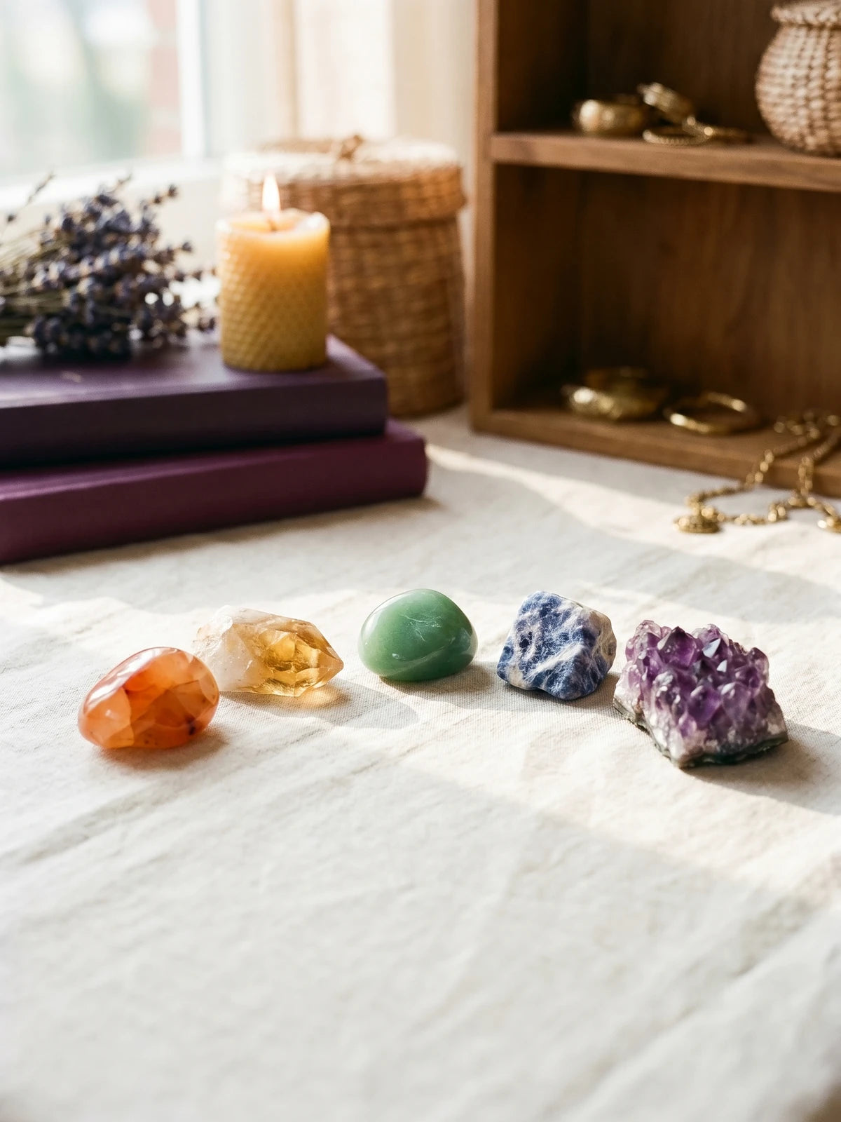 An arc of crystals arranged by color in soft editorial light.